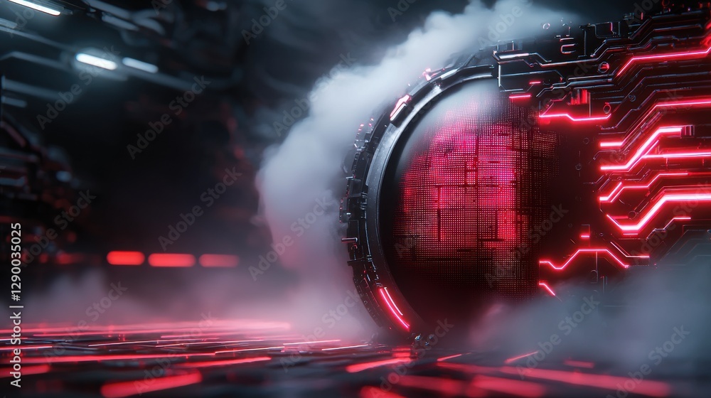 Poster glowing futuristic orb enveloped in a dynamic cyberpunk inspired environment featuring intricate dig