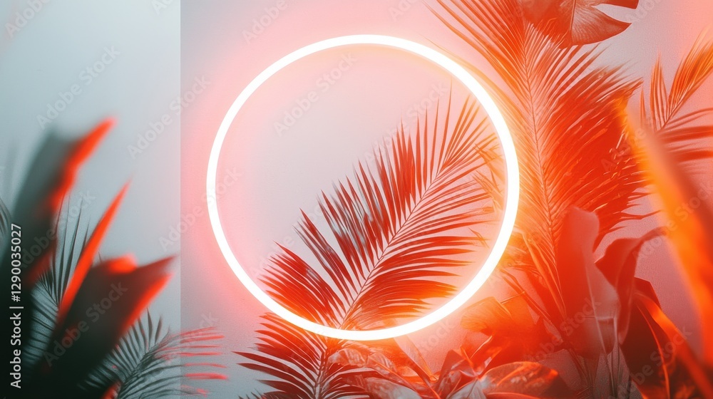 Poster glowing neon circle frame surrounded by lush vibrant palm leaves against a modern minimalist backgro