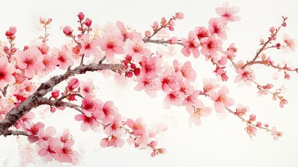 A delicate watercolor illustration of pink cherry blossoms on a branch.