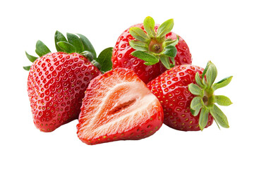 Close up of a strawberry with a small bite taken out of it, isolated