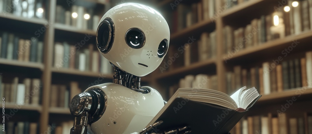 Poster a humanoid robot, with a sleek design and expressive eyes, is intently reading a book in a cozy libr
