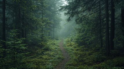 Obraz premium A dense pine forest with young, green spruce trees and thick foliage in the foreground, generative AI
