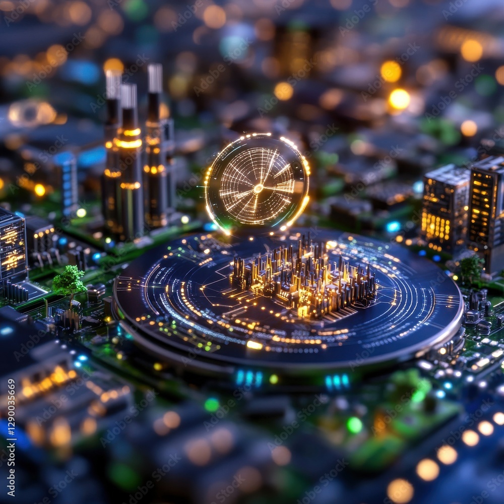 Poster futuristic cityscape with illuminated digital circuits and skyscrapers glowing in the night creating