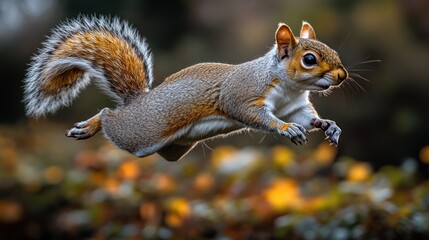 Obraz premium Grey Squirrel in Flight, Autumn Woods