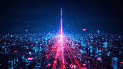 Fototapeta premium Futuristic 5G Technology Concept with Glowing Communication Signals