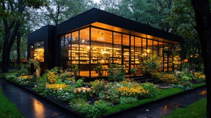 Fototapeta premium Illuminated modern glass and wood cottage style home nestled in a lush blooming garden landscape with a tranquil pond reflected in the water at dusk