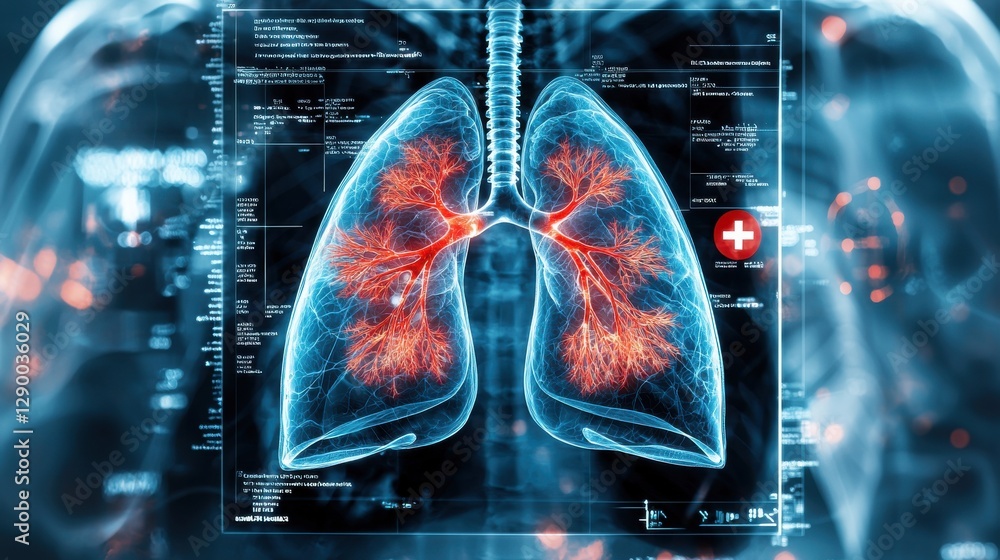 Poster digital x ray scan of human lungs displayed on a medical interface with data information and analysi