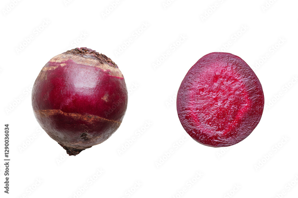 Poster close up of a red beet with a slice missing, isolated