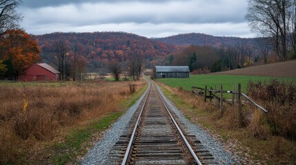 Obraz premium Rural autumn landscape with train tracks vanishing into hills.