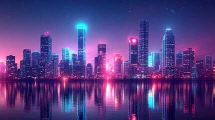 Illuminated High-Tech Smart City Skyline at Night with Glowing Lights