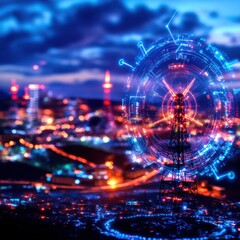 Fototapeta premium Futuristic sci fi inspired nighttime cityscape featuring a towering illuminated ferris wheel and rollercoaster at a vibrant electrified carnival or amusement park The scene is awash in neon lights