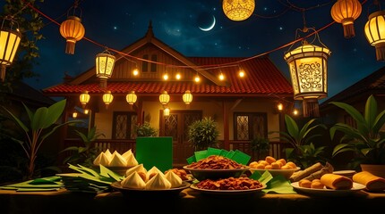 High-resolution photograph depicting a festive Hari Raya Aidilfitri night scene. A traditional Malay kampung house, adorned with glowing pelita and Islamic lanterns, is the focal point.  