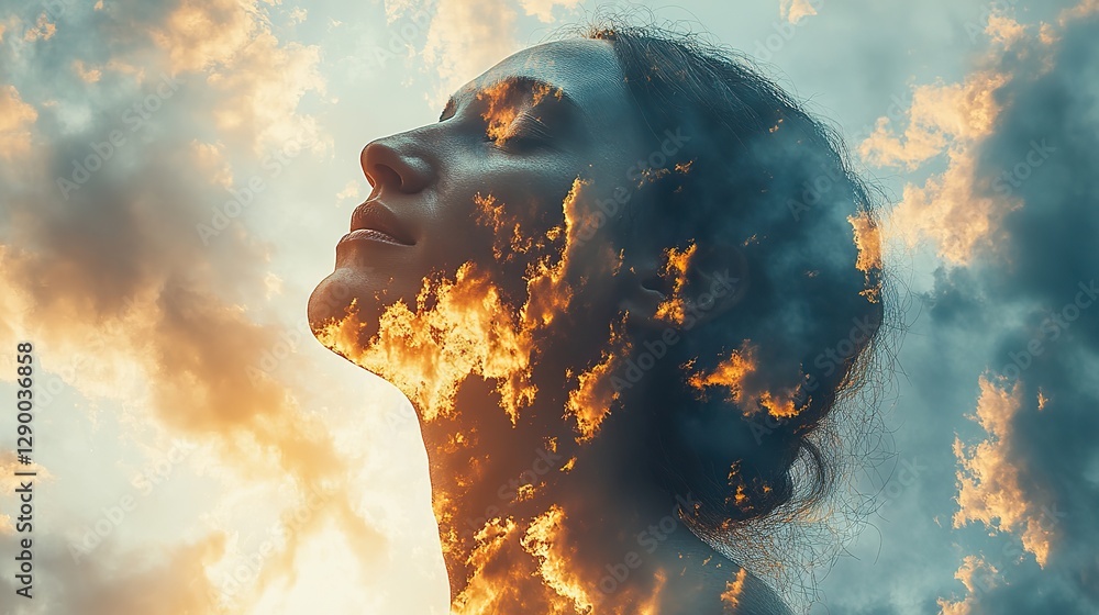 Aufkleber double exposure of man praying against sky background with clouds