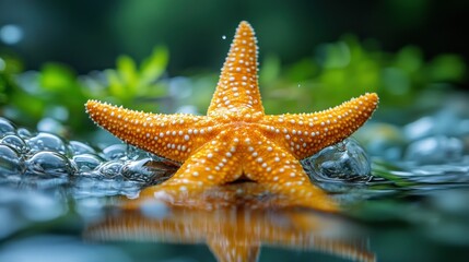 Orange starfish in shallow water, vibrant background