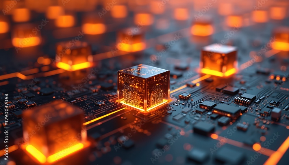 Poster blockchain tech background cryptocurrency fintech block chain network with glowing orange line. abst