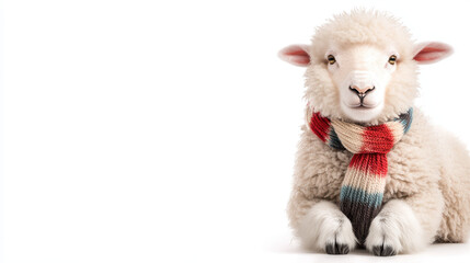 fluffy sheep wearing colorful scarf, exuding warmth and charm