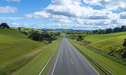 Quiet highway stretching into the horizon surrounded by rolling landscapes evoking peaceful solitude
