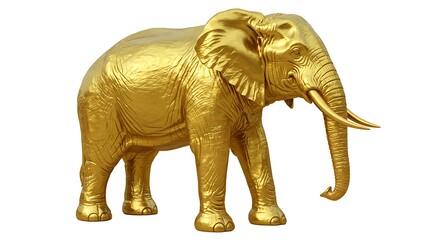 Fototapeta premium Standing Golden Elephant Statue Shining on a Clean White Background