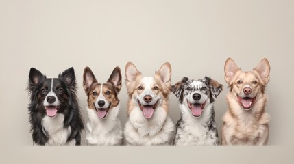 Cheerful dogs group portrait studio neutral background front view pet companionship