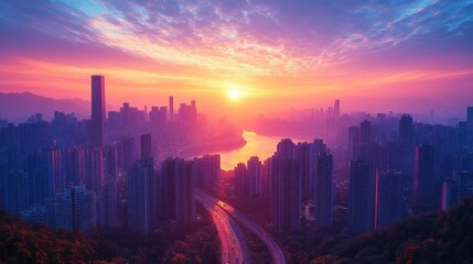 Fototapeta premium City Sunrise Aerial View