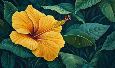 Vibrant yellow hibiscus flower with lush deep green foliage radiates tropical energy and natural beauty