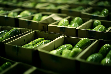 Freshly Harvested Cucumbers in Cardboard Boxes Ready for Market Distribution