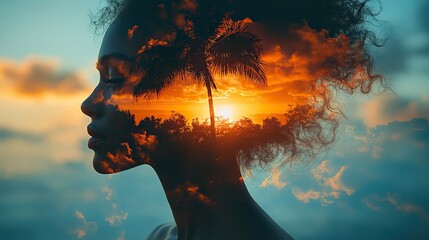 double exposure of woman with palm tree in her head
