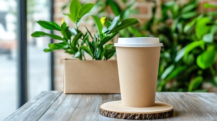 Obraz premium Minimalist product photography coffee cup on wooden table in natural light close-up