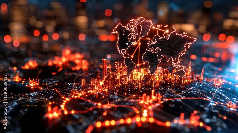 Poster glowing world map visualization depicting global connectivity urban nightscape and futuristic data i