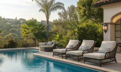Opulent poolside lounge boasting plush chairs offers an exclusive setting for refined outdoor leisure experiences