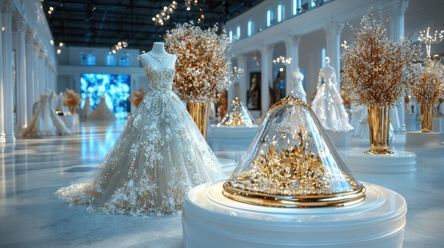 Luxurious and Elegant Bridal Gowns Showcased in a Lavish Event Venue with Crystal Chandeliers and Sophisticated Decor Creating a Stunning Backdrop for Wedding and Fashion Photography