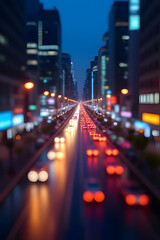 Obraz premium Tilt-shift cityscape night view urban traffic modern metropolis blurred lights dynamic composition
