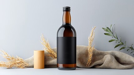 Naklejka premium Elegant amber bottle with blank label studio setting product photography minimalist aesthetic