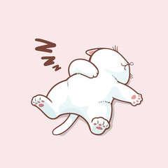 A cute, chubby cartoon cat with white fur is lying on its back, peacefully sleeping. Its paws are relaxed, and a 
