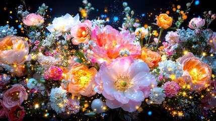 Obraz premium Vibrant and colorful floral fantasy design with a stunning bouquet of lush blooming flowers petals and a magical sparkling glitter explosion effect This enchanting