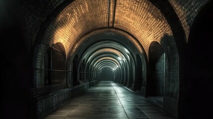 Obraz premium A dimly lit, atmospheric underground tunnel with arched brick walls and soft lighting, creating an eerie yet captivating ambiance, ideal for exploring themes of mystery and solitude