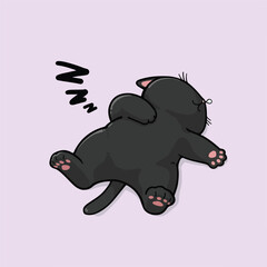 A cute, chubby cartoon black cat fur is lying on its back, peacefully sleeping. Its paws are relaxed, and a 