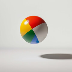 Fototapeta premium colorful beach ball with red, yellow, green, and white sections floats above soft shadow on light background, evoking sense of fun and summer