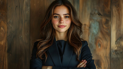 Fototapeta premium Confident businesswoman, wooden wall background