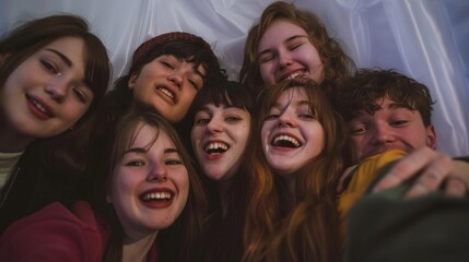 Obraz premium Picture a group of friends taking a selfie against a white backdrop. 