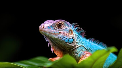 Obraz premium Blue iguana portrait, jungle leaves, dark background, exotic pet