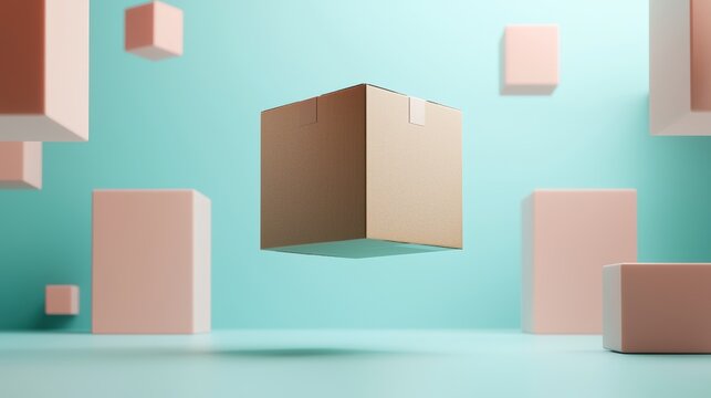 Cardboard box floating in a surreal scene with pastel cubes. Concept of delivery, shipping, and e commerce.