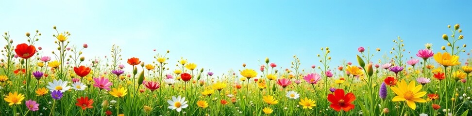 Fototapeta premium A beautiful field filled with colorful wild flowers under a clear blue sky, meadow, summer