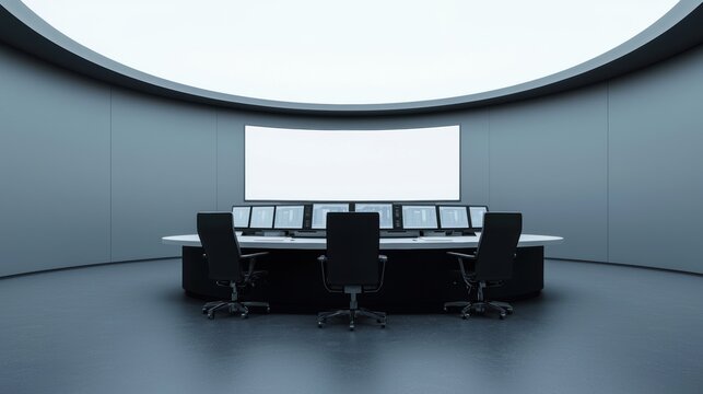 Empty modern control room with multiple monitors and chairs. Concept of technology, security, and surveillance.