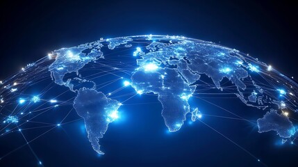 Global network connections, digital world map, data visualization, dark background, website banner