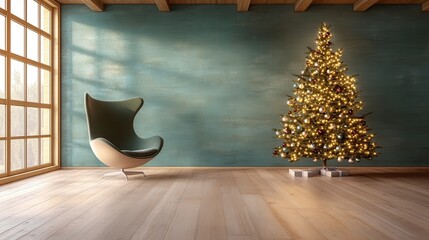 Sunlit Modern Living Room with Teal Wall and Decorated Christmas Tree