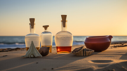 Beachfront Mezcal Tasting Setup with Clay Copitas at Sunset