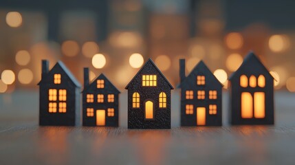 Miniature houses with lights on a wooden surface. Concept for real estate, home, and family.