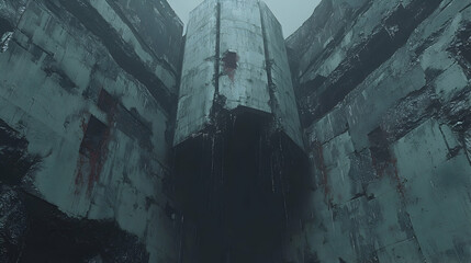 Futuristic ruin; dripping liquid; grey, cold scene; dystopian backdrop; sci-fi concept art