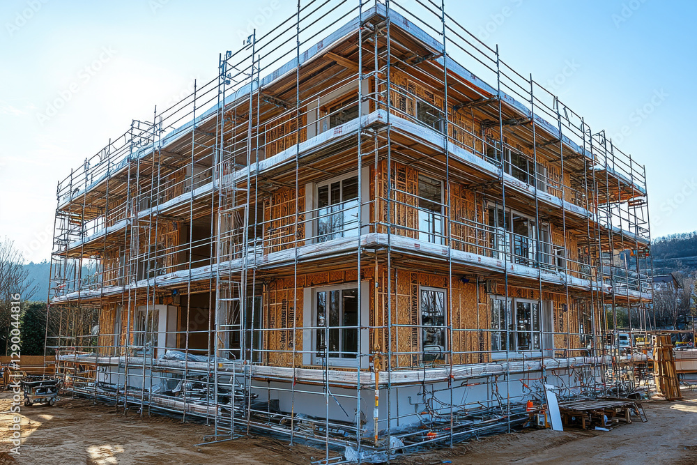 Poster a large building under construction with scaffolding and a crane